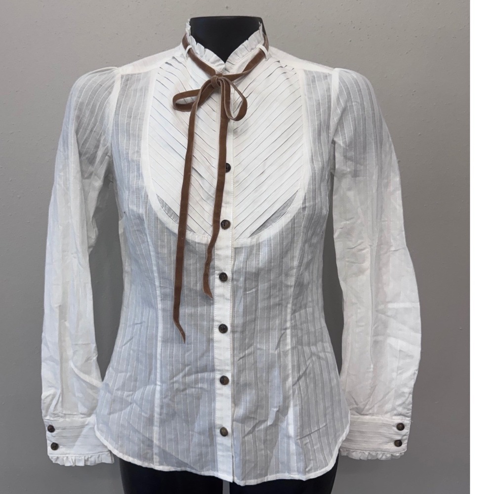 MNG Casual Tuxedo Top Womens XS White Velvet Tie Ruffle Neck Rodeo Cowgirl NWT